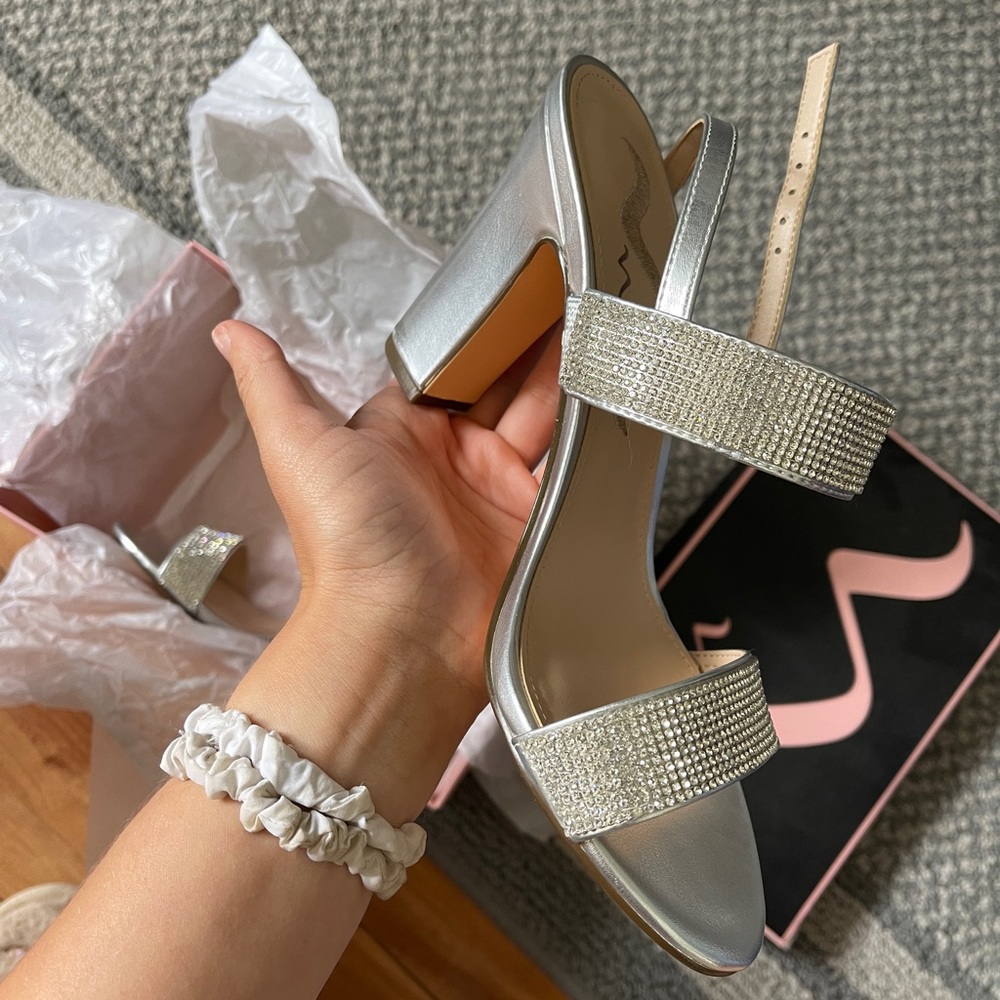BNIB silver block heel metallic sandals